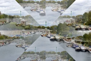 Cette photographie montre un port de plaisance avec des bateaux amarrés. La composition repose sur un effet de miroir ou de collage géométrique, formant des triangles superposés.Le cadrage est large, capturant une vue panoramique du port et des bâtiments environnants. La lumière est naturelle, légèrement voilée par des nuages, créant une ambiance douce et diffuse. Les couleurs dominantes sont des tons pastel et neutres, avec des touches de bleu et de vert.Le style est artistique et structuré, évoquant une ambiance à la fois sereine et dynamique.