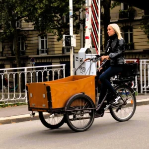Cette photographie met en scène une femme comme sujet principal, conduisant un vélo-cargo avec une remorque en bois. La composition est dynamique, avec un cadrage serré sur le vélo et la cycliste, centrée dans l’image. La lumière est naturelle et semble douce, typique d’un jour ensoleillé en ville.Les couleurs dominantes sont les tons neutres (gris de la route, noir du vélo) et le bois chaud de la remorque. Une touche de vert des arbres et de blanc des bâtiments complète la palette. Le style est documentaire et urbain, capturant une scène du quotidien. L’ambiance est moderne et pratique, reflétant un mode de transport alternatif et écologique.