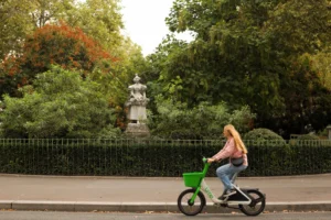 Cette photographie met en scène une femme en train de pédaler sur un vélo vert dans un parc. Le sujet principal est cette cycliste, vêtue d’un gilet rose et d’un jean.La composition est équilibrée, avec un cadrage serré sur la personne et son vélo, tandis que l’arrière-plan montre une allée bordée d’une haie et d’un monument ornemental. La lumière est naturelle, douce, suggérant un jour légèrement nuageux. Les couleurs dominantes sont les verts des arbres et buissons, les tons neutres de la route, et les touches vives du vélo et du vêtement de la cycliste.L’ambiance est paisible et apaisante, évoquant une balade tranquille en pleine nature urbaine.