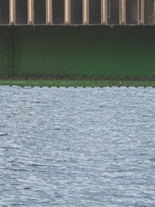 Cette photographie montre principalement une berge de canal ou de rivière. Le sujet central est une bande de végétation basse, probablement des herbes ou plantes aquatiques, bordant l’eau.La composition est simple et horizontale, avec un cadrage serré sur la ligne de végétation et l’eau. La lumière semble naturelle, bien que légèrement tamisée, créant des reflets sur l’eau.Les couleurs dominantes sont le vert vif de la végétation et le bleu grisâtre de l’eau. Le style est épuré et réaliste, évoquant une ambiance calme et naturelle, presque minimaliste.