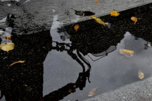 Cette photographie capture une flaque d’eau reflétant des feuilles mortes et un trottoir. Le **sujet principal** est la flaque, où se miroite partiellement un objet (probablement un téléphone ou un chargeur). La **composition** joue sur les reflets et les contrastes entre réel et reflet.Le **cadrage** est serré, centré sur la flaque, avec une perspective légèrement basse. La **lumière** semble naturelle, tamisée, créant des ombres douces. Les **couleurs dominantes** sont les tons gris et noirs de l’asphalte, rehaussés par les jaunes et bruns des feuilles.Le **style** est réaliste et minimaliste, évoquant une **ambiance** mélancolique et introspective, typique de l’automne.