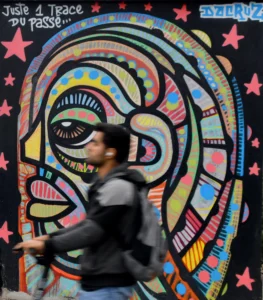 Cette photographie montre une personne marchant devant un mural coloré. Le sujet principal est ce graffiti stylisé, représentant un visage aux traits psychédéliques et aux couleurs vives. La composition joue sur le contraste entre le mouvement du passant et l'immobilité de l'œuvre.Le cadrage est serré sur le mural, avec une lumière naturelle qui éclaire la scène. Les couleurs dominantes sont vives et contrastées : bleus, roses, jaunes et verts. Le style est artistique et urbain, évoquant une ambiance dynamique et créative, typique des scènes street art. L'atmosphère est à la fois énergique et festive.