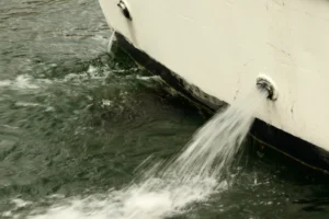 Cette photographie met en scène le **sujet principal** d’un bateau dont seule la coque blanche et la poupe sont visibles. La **composition** est centrée sur une **jetée d’eau** créée par le mouvement du navire.Le **cadrage** est serré, isolant cette partie dynamique. La **lumière**, diffuse et grise, suggère un temps couvert ou une ambiance brumeuse. Les **couleurs dominantes** sont des tons froids : blanc, gris et bleu-vert de l’eau agitée.Le **style** est réaliste et documentaire, capturant un instant brut. L’**ambiance** est calme mais dynamique, évoquant la puissance discrète du bateau en navigation.