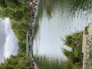 Cette photographie capture un pont vert traversant un plan d’eau calme, reflétant les arbres environnants. Le sujet principal est ce pont, encadré par une végétation luxuriante.La composition utilise une perspective large, avec un cadrage incliné vers le haut, créant une impression de profondeur. La lumière est naturelle, douce, avec des nuages partiels, apportant une ambiance claire mais légèrement voilée.Les couleurs dominantes sont les verts des arbres et de l’eau, avec des touches de gris pour le ciel. Le style est réaliste et paisible, évoquant une ambiance sereine et naturelle.