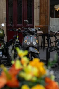 Cette photographie met en scène un **moto coloré** comme sujet principal, décoré de motifs psychédéliques et de couleurs vives. La **composition** est dynamique, avec un cadrage serré sur le véhicule, partiellement masqué par des **fleurs colorées** en premier plan.La **lumière** semble naturelle, tamisée, créant des contrastes doux. Les **couleurs dominantes** sont vives (jaunes, roses, verts) sur la moto, contrastant avec les tons plus sobres de l’arrière-plan (briques, bois).Le style est **urbain et artistique**, évoquant une ambiance **festive et créative**, presque surréaliste grâce aux motifs du deux-roues.
