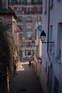 Cette photographie capture une ruelle étroite et sinueuse en ville. Le sujet principal est l’allée descendante bordée de bâtiments anciens, avec une personne en contrebas. La composition repose sur des lignes convergentes menant vers le fond, renforçant la perspective.Le cadrage est serré, mettant en valeur les détails architecturaux et l’ivraie grimpante. La lumière, douce et tamisée, crée des ombres longues et une ambiance calme et mélancolique. Les couleurs dominantes sont des tons neutres : gris, beige et blanc, adoucis par des touches de vert.Le style est documentaire et poétique, évoquant une atmosphère paisible et intemporelle.