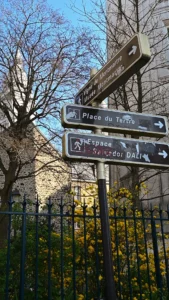 Cette photographie montre principalement des panneaux indicateurs en français et en braille, pointant vers la "Place du Trocadéro" et le "Musée du Quai Branly - Jacques Chirac".La composition est verticale, avec un cadrage serré sur les panneaux et une partie de l’environnement urbain. Les arbres et bâtiments en arrière-plan ajoutent de la profondeur. La lumière est naturelle, avec des ombres douces, suggérant un jour ensoleillé mais pas trop fort. Les couleurs dominantes sont les verts des feuilles, les tons gris des bâtiments et les teintes bleues et blanches des panneaux. L’ambiance est calme et urbaine, typique d’un quartier parisien.