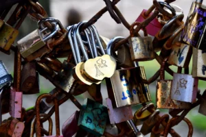 Cette photographie montre une multitude de **cadenaas d'amour** attachées à une structure métallique. Le **sujet principal** est ces cadenas colorés, symbolisant les serments d’amour.La **composition** est dense et désordonnée, créant un effet de superposition. Le **cadrage** est serré, mettant en valeur les détails des cadenas. La **lumière** semble naturelle, avec des ombres douces, et les **couleurs dominantes** sont vives et variées (rouge, bleu, vert, etc.).Le style est **réaliste et documentaire**, évoquant une **ambiance romantique et poétique**, tout en restant sobre.