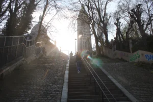 Cette photographie capture un escalier en pierre menant vers un bâtiment éclairé par le soleil. Le sujet principal est l’escalier, encadré par des arbres dénudés et une rampe métallique.La composition est symétrique, avec une perspective ascendante. Le cadrage est serré, mettant en valeur les détails des marches et des graffitis sur le mur adjacent.La lumière, douce et dorée, provient du soleil bas, créant des contrastes et des ombres allongées. Les couleurs dominantes sont les tons neutres (gris, beige) avec des touches de vert et de bleu pâle.Le style est réaliste et documentaire, évoquant une ambiance calme et presque mélancolique.