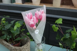 Cette photographie met en scène un bouquet de tulipes roses enveloppé dans du papier kraft, posé sur une table. Le sujet principal est ce bouquet, légèrement incliné, avec une étiquette blanche.La composition associe des éléments naturels : plantes vertes en arrière-plan et une ambiance minimaliste. Le cadrage est serré, centré sur le bouquet et ses alentours immédiats. La lumière semble naturelle, douce et tamisée, créant une ambiance apaisante.Les couleurs dominantes sont les tons verts, roses et blancs, renforçant une atmosphère fraîche et élégante. Le style est épuré et contemporain, évoquant une touche délicate et romantique.