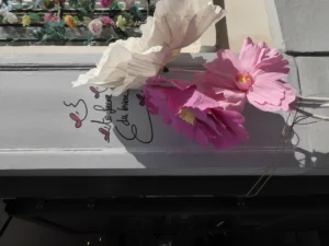 Cette photographie met en scène un bouquet de fleurs artificielles posé sur un rebord de fenêtre. Le sujet principal est une boîte blanche décorée avec des fleurs roses, blanches et un ruban, portant une inscription manuscrite.La composition est simple et symétrique, avec un cadrage serré sur les fleurs et la boîte. La lumière naturelle, douce et légèrement rasante, crée des ombres nettes et met en valeur les détails. Les couleurs dominantes sont les roses, blanches et quelques touches de vert et de noir.Le style est épuré et délicat, évoquant une ambiance romantique et poétique, presque nostalgique.