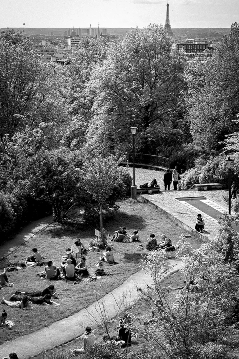 Thierry · 14/04/2024 · 2560 x 3840 Cette photographie en noir et blanc capture un parc urbain animé. Le sujet principal est un groupe de personnes détendues, assises ou allongées sur l'herbe, profitant d'un espace vert.La composition montre un chemin sinueux bordé d'arbres, menant vers un horizon avec des bâtiments et une tour en arrière-plan. Le cadrage est large, incluant une vue panoramique du parc et de ses usagers.La lumière semble naturelle, probablement en journée, créant des contrastes doux. Les couleurs dominantes sont les nuances de gris, typiques du noir et blanc, accentuant les textures des arbres et des vêtements.Le style est documentaire, évoquant une ambiance paisible et détendue des années passées.