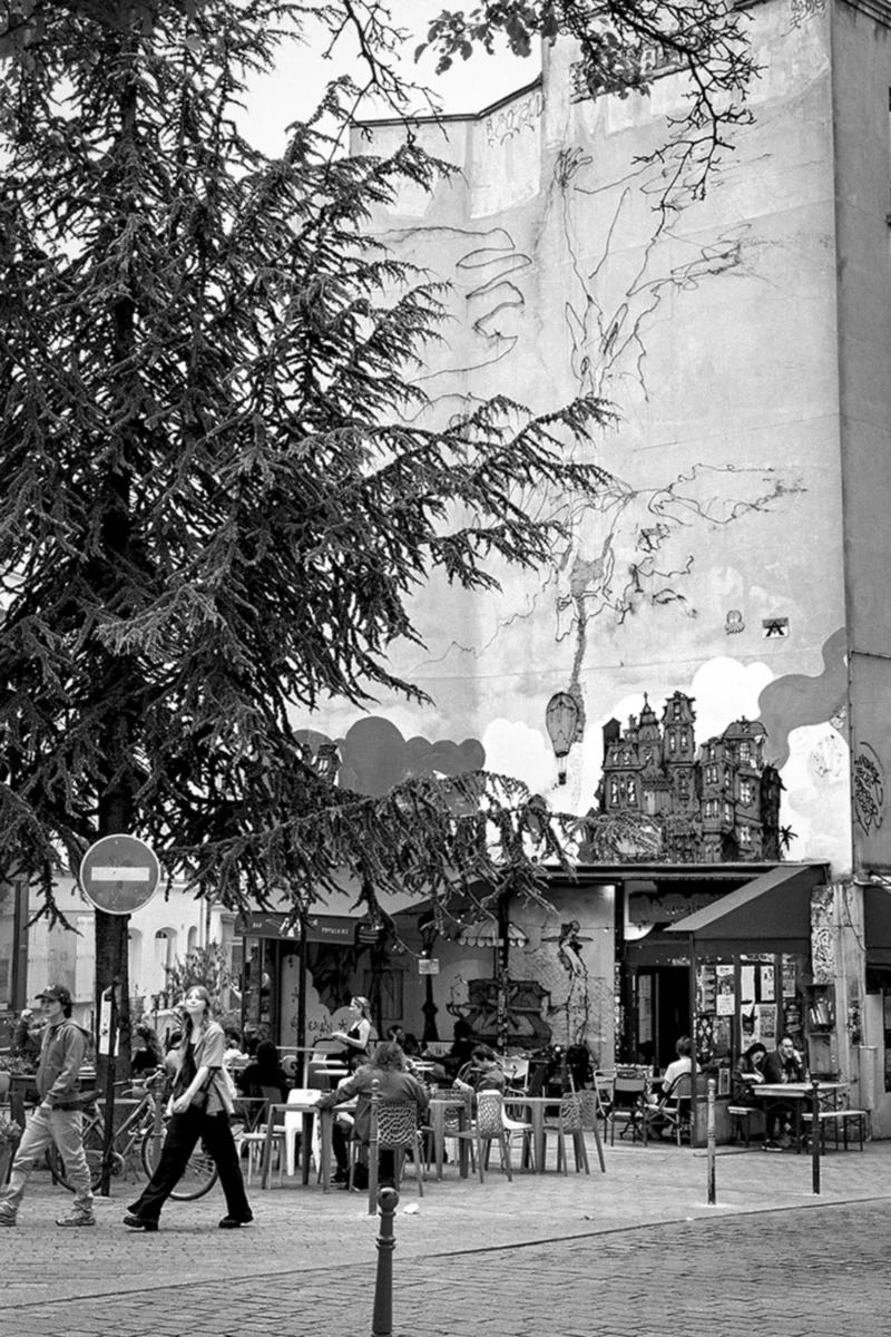 Thierry · 26/05/2024 · 2560 x 3840 Cette photographie en noir et blanc capture une scène urbaine animée. Le sujet principal semble être un groupe de personnes autour d’une terrasse de café, avec des tables et des chaises disposées en premier plan. La composition inclut un arbre à gauche, partiellement cadré, et un bâtiment en arrière-plan avec une fresque murale.Le cadrage est légèrement bas, offrant une perspective dynamique. La lumière est douce, créant des contrastes subtils entre ombres et clartés. Les couleurs dominantes, bien que monochromes, varient en nuances de gris, renforçant l’ambiance rétro et intemporelle. Le style est documentaire, évoquant une atmosphère paisible et quotidienne dans un cadre urbain.