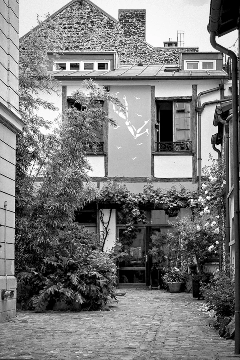 Thierry · 26/05/2024 · 2560 x 3840 Cette photographie en noir et blanc montre une cour intérieure étroite bordée de bâtiments anciens. Le sujet principal est une façade en pierre avec une fenêtre ouverte et des plantes grimpantes qui l'embrassent partiellement.La composition est symétrique et verticale, avec un cadrage serré sur l'espace étroit. La lumière naturelle, douce et diffuse, accentue les textures et les ombres. Les couleurs dominantes, bien que monochromes, varient entre les tons clairs et foncés, créant un contraste élégant.Le style est documentaire et intemporel, évoquant une ambiance calme et nostalgique, typique des ruelles historiques européennes.