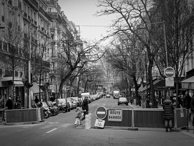 Thierry · 13/01/2024 · 3840 x 2880 Cette photographie en noir et blanc montre une rue urbaine déserte, probablement parisienne. Le sujet principal est une avenue bordée d’arbres sans feuilles et de bâtiments haussmanniens.La composition met en valeur une perspective centrale avec des lignes directrices convergeant vers l’horizon. Le cadrage inclut des panneaux de signalisation ("Route barrée") et des motos garées. La lumière, douce et diffuse, accentue les contrastes sans ombres marquées. Les couleurs dominantes, en niveaux de gris, renforcent l’ambiance mélancolique et calme.Le style est documentaire, évoquant une atmosphère paisible et presque nostalgique.