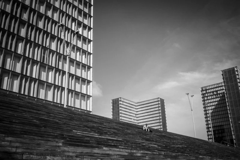 Thierry · 18/05/2024 · 3840 x 2561 Cette photographie en noir et blanc met en scène des bâtiments modernes en arrière-plan, avec une architecture géométrique et verticale. Le sujet principal semble être la structure des immeubles et leur jeu d’ombres et de lumières.La composition repose sur des lignes droites et une perspective ascendante, renforcée par le cadrage serré sur les façades. La lumière, naturelle et contrastée, accentue les textures et les jeux d’ombres, créant une ambiance dramatique. Les tons dominants sont les gris, avec des nuances claires et sombres.Le style est épuré et urbain, évoquant une atmosphère à la fois froide et contemplative.