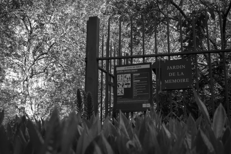 Thierry · 18/05/2024 · 3840 x 2561 Cette photographie en noir et blanc montre un mémorial avec une plaque commémorative partiellement visible, indiquant "JARDIN DE LA MÉMOIRE". Le sujet principal est cette plaque, entourée d'une clôture métallique.La composition est simple et épurée, avec un cadrage serré sur la plaque et la clôture. Les arbres en arrière-plan créent un effet de profondeur. La lumière douce et tamisée accentue l'atmosphère mélancolique et respectueuse. Les couleurs dominantes sont les nuances de gris, renforçant le côté solennel et intemporel. Le style est sobre et contemplatif, évoquant la sérénité et la réflexion.