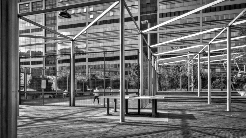 Thierry · 04/07/2025 · 3840 x 2155 Cette photographie en noir et blanc capture un espace urbain moderne avec une structure métallique en sujet principal, formant une sorte de passerelle ou de hall couvert. La composition met en valeur les lignes géométriques et les jeux d'ombres.Le cadrage est large, incluant des éléments architecturaux et des personnes en arrière-plan. La lumière naturelle, filtrée par les structures, crée des contrastes nets et des ombres marquées. L’ambiance est à la fois industrielle et épurée, évoquant une atmosphère contemporaine et minimaliste. Les tons dominants sont les gris et noirs, renforçant le côté sobre et structuré.