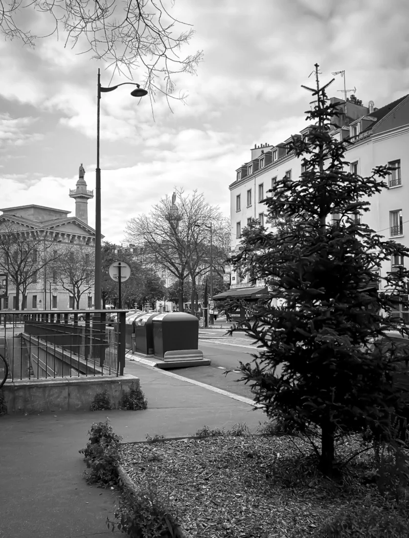 Thierry · 04/07/2025 · 2921 x 3840 Cette photographie en noir et blanc capture une scène urbaine calme. Le sujet principal est une rue résidentielle avec des bâtiments en arrière-plan et des arbres sans feuilles.La composition met en valeur une allée bordée de buissons et de lampadaires, avec un petit pont métallique en premier plan. Le cadrage est légèrement bas, offrant une perspective dynamique.La lumière est douce et diffuse, typique d’un jour nuageux. Les tons dominants sont les gris et noirs, accentués par les ombres et les contrastes.Le style est documentaire et sobre, créant une ambiance paisible et intemporelle.