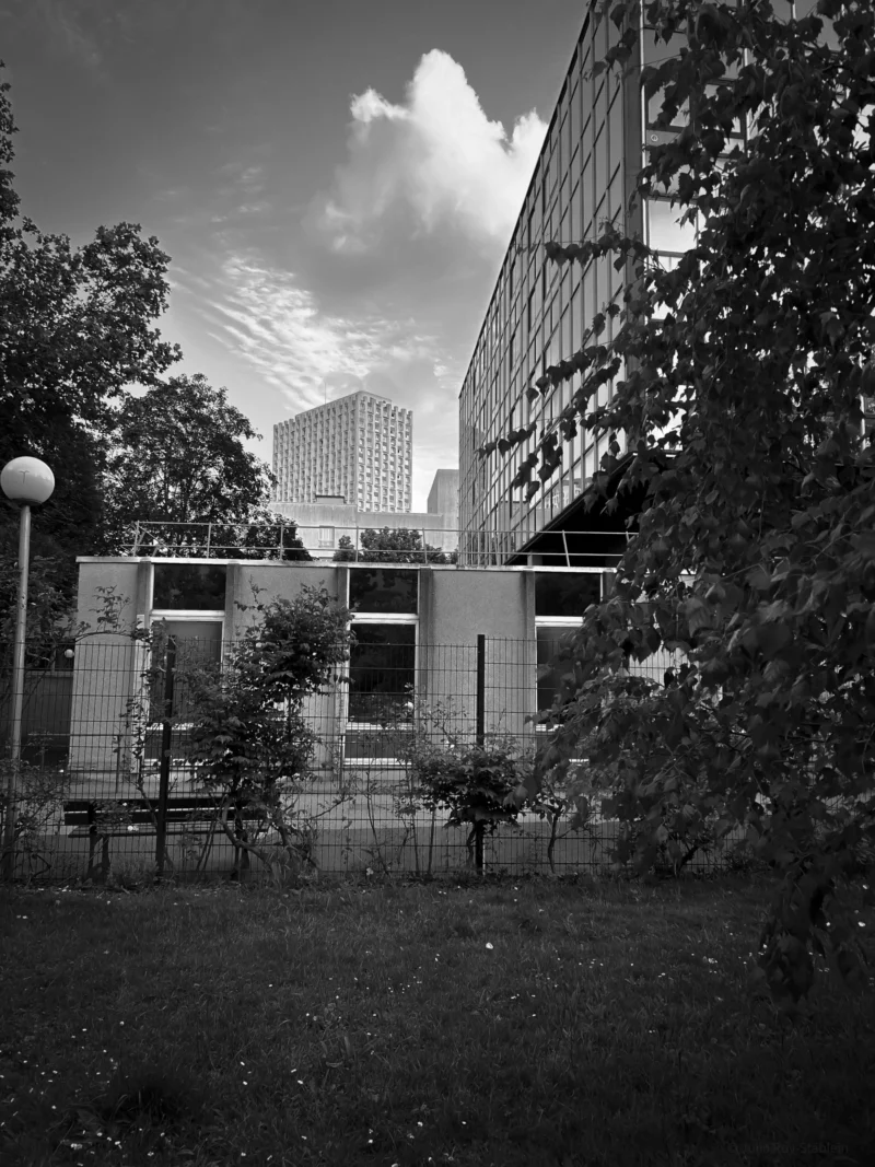 Thierry · 04/07/2025 · 2880 x 3840 Cette photographie en noir et blanc met en scène un petit bâtiment moderne partiellement caché par des arbres et des buissons. Le sujet principal semble être ce bâtiment, encadré par la végétation en premier plan.La composition joue sur les contrastes entre nature et architecture, avec un cadrage serré qui isole partiellement le sujet. La lumière, douce et diffuse, crée des ombres légères, accentuant les textures et les volumes. Les tons dominants sont les gris et noirs, renforçant une ambiance à la fois calme et mélancolique. Le style est sobre et minimaliste, évoquant une atmosphère contemplative et urbaine.