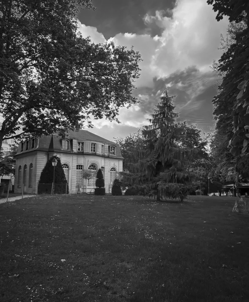 Thierry · 04/07/2025 · 3166 x 3840 Cette photographie en noir et blanc met en scène un bâtiment historique, probablement une maison ou un château, comme sujet principal. La composition est symétrique, avec des arbres et des buissons encadrant la structure.Le cadrage est large, incluant un ciel dramatique avec des nuages sombres. La lumière est contrastée, avec des ombres marquées et des éclairages forts, créant une ambiance mystérieuse et solennelle. Les couleurs dominantes sont les tons de gris, renforçant l’aspect dramatique. Le style est classique et intemporel, évoquant une atmosphère nostalgique et presque mélancolique.