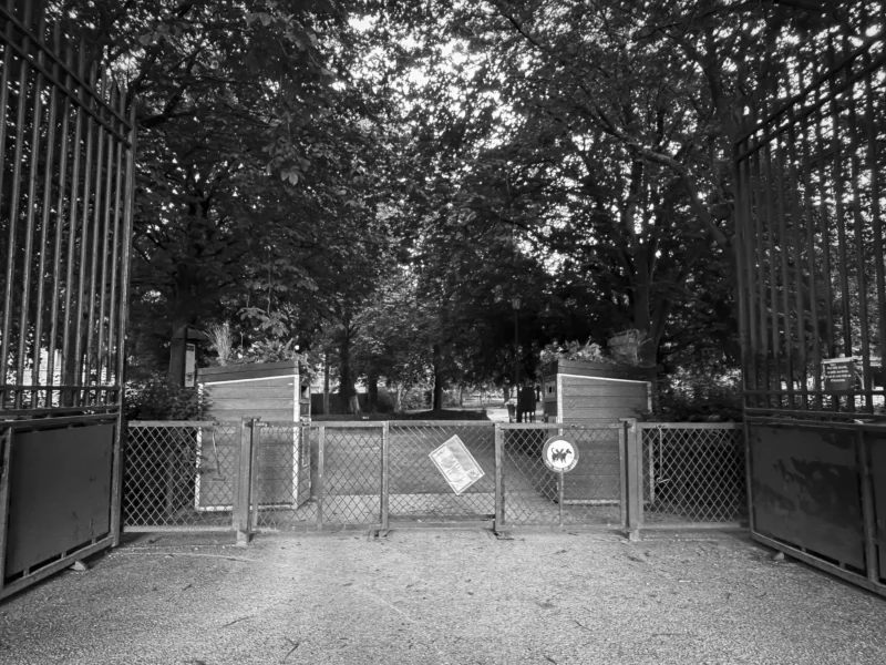 Thierry · 04/07/2025 · 3840 x 2880 Cette photographie en noir et blanc montre une entrée de parc ou de cimetière, avec des grilles métalliques et un portail central fermé. Le sujet principal est l’allée menant vers ce portail, bordée de végétation dense.La composition est symétrique, avec un cadrage centré sur l’axe de l’allée. La lumière, tamisée, crée des ombres douces et une ambiance mystérieuse. Les couleurs dominantes, bien que monochromes, jouent sur les contrastes de gris et de noir, renforçant l’aspect solennel.Le style est documentaire et sobre, évoquant une atmosphère calme et presque mélancolique.