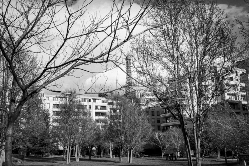 Thierry · 04/07/2025 · 3840 x 2560 Cette photographie en noir et blanc met en scène un paysage urbain. Le sujet principal est un ensemble d’immeubles modernes en arrière-plan, partiellement cachés par des arbres sans feuilles en premier plan. La composition joue sur les contrastes entre nature et architecture, avec un cadrage légèrement bas, accentuant la perspective.La lumière, douce et diffuse, crée des ombres contrastées. Les couleurs dominantes, bien que monochromes, varient des noirs profonds aux gris clairs. Le style est documentaire et sobre, évoquant une ambiance calme et mélancolique, typique des scènes urbaines désertes.
