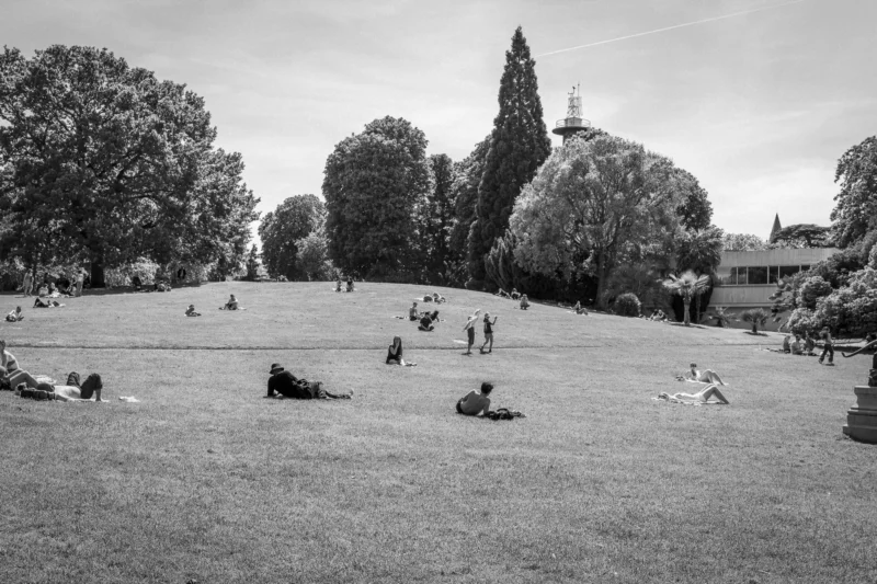 Thierry · 10/05/2024 · 3840 x 2560 Cette photographie en noir et blanc capture un parc public. Le sujet principal est un groupe de personnes détendues, allongées ou assises sur une pelouse. La composition montre une perspective large, avec un cadrage incluant des arbres et une structure architecturale à l’arrière-plan, probablement un monument ou une église.La lumière semble douce, typique d’un jour nuageux. Les contrastes sont modérés, accentuant les formes et les ombres. L’ambiance est paisible et détendue, évoquant une journée de repos en pleine nature. Le style est documentaire et réaliste.