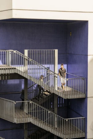 Thierry · 06/09/2025 · 2560 x 3840 Cette photographie montre une personne en train de descendre un escalier métallique en colimaçon. Le sujet principal est cette personne, vêtue d’une tenue sombre.La composition est dynamique, avec un cadrage serré sur les marches et la rampe. L’ambiance est industrielle, accentuée par les murs bleus et les structures métalliques.Les couleurs dominantes sont les tons froids (bleu, gris métallique) et quelques touches sombres sur les vêtements. La lumière semble artificielle, créant des contrastes nets. Le style est sobre et contemporain, évoquant un espace moderne et fonctionnel.