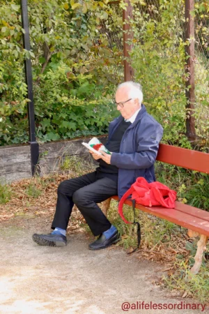 Cédric · 06/09/2025 · 3319 x 4979 Cette photographie montre un homme âgé, sujet principal, assis sur un banc en bois rouge, absorbé par la lecture d’un livre ou d’un journal. La composition est simple et naturelle, avec un cadrage serré sur le sujet, mettant en valeur son activité paisible.La lumière semble douce et naturelle, probablement en journée. Les couleurs dominantes sont les tons verts des arbres et buissons, le rouge du banc, et les teintes neutres des vêtements de l’homme. Le style est réaliste et documentaire, capturant un moment de tranquillité. L’ambiance est calme et introspective, évoquant la sérénité et le plaisir de la lecture en pleine nature.