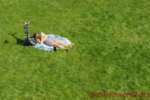 Cédric · 06/09/2025 · 4423 x 2949 Cette photographie montre une personne allongée sur un tapis dans un espace vert, probablement un parc. Le sujet principal est cette personne, vêtue d’un short et d’un haut à manches longues, avec un chien à ses côtés.La composition est simple et naturelle, avec un cadrage aérien. La lumière semble douce et naturelle, typique d’un jour ensoleillé. Les couleurs dominantes sont les verts vifs de l’herbe et les tons pastel du tapis et des vêtements.Le style est documentaire et spontané, évoquant une ambiance détendue et paisible.