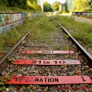 Cédric · 06/09/2025 · 3390 x 3390 Cette photographie montre des rails de chemin de fer abandonnés, recouverts de graffitis et de tags. Le sujet principal est une série de panneaux en bois peints, dont l’un indique "21 km 10" et "HERCY". La composition est symétrique, avec les rails convergeant vers l’horizon.Le cadrage est serré, mettant en valeur les détails des panneaux et des graffitis. La lumière est naturelle, douce, créant des ombres légères. Les couleurs dominantes sont les verts de la végétation, les rouges des panneaux, et les teintes vives des graffitis. L’ambiance est à la fois abandonnée et artistique, évoquant une touche de nostalgie et de créativité urbaine.