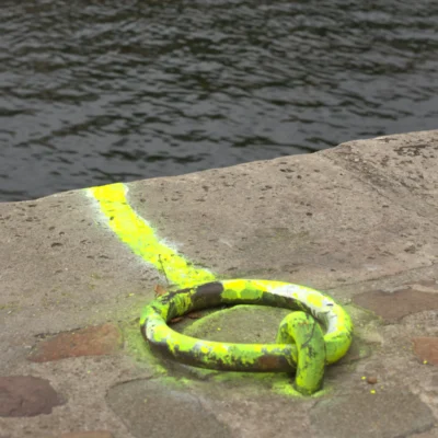 Fabienne · 3840 x 3840 Cette photographie montre un anneau métallique vert et rouillé, partiellement recouvert de peinture fluorescente jaune, fixé à une surface en béton près de l’eau.La composition est simple et centrée sur le sujet. Le cadrage est serré, mettant en valeur les détails du métal et de la peinture écaillée. La lumière naturelle éclaire l’objet, créant des contrastes nets. Les couleurs dominantes sont le vert rouillé, le jaune vif et le gris du béton.Le style est réaliste et documentaire, évoquant une ambiance industrielle et légèrement abandonnée, avec une touche de mystère due à la peinture fluorescente.