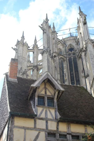 Marie-Odile · 1066 x 1600 Cette photographie met en scène une architecture médiévale, avec une maison à colombages en premier plan et une cathédrale gothique en arrière-plan.Le cadrage est serré sur les détails architecturaux, créant une composition verticale. La lumière naturelle, douce et légèrement voilée, éclaire les structures, mettant en valeur leurs textures et leurs formes.Les couleurs dominantes sont les tons gris-beige des pierres, le bois sombre des colombages, et les touches de bleu pâle du ciel. Le style est gothique et traditionnel, évoquant une ambiance historique et paisible, presque mystique.