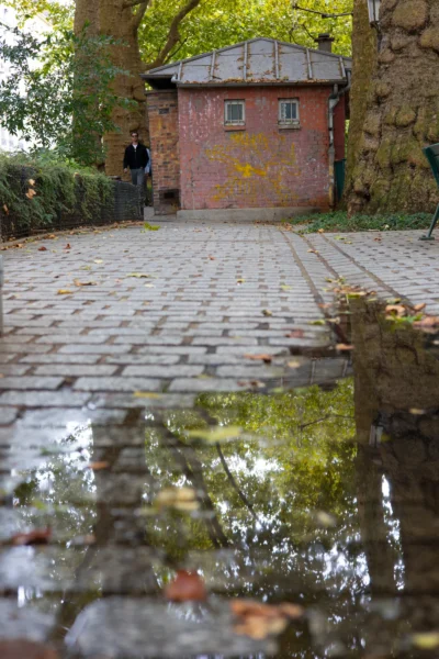 Claude · 3605 x 5407 Cette photographie met en scène un chemin pavé menant vers une petite maison en brique rouge, partiellement cachée par des arbres. Le sujet principal est la réflexion de l’eau stagnante sur le pavé, créant un effet miroir.La composition joue sur les lignes droites du chemin et les reflets, tandis que le cadrage en contre-plongée accentue la perspective. La lumière, douce et naturelle, semble tamisée par les feuilles des arbres. Les couleurs dominantes sont les tons verts des feuilles, les rouges des briques et les teintes grises et bleutées de l’eau.Le style est réaliste et poétique, évoquant une ambiance calme et légèrement mélancolique.