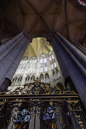 Claude · 3791 x 5687 Cette photographie montre l'intérieur d'une cathédrale, avec pour sujet principal un grand orgue imposant. La composition est verticale, mettant en valeur la hauteur des voûtes gothiques. Le cadrage est serré sur l'orgue, avec une perspective ascendante renforçant la grandeur du lieu.La lumière, naturelle et filtrée, éclaire les détails dorés et les vitraux colorés. Les couleurs dominantes sont les tons dorés, les bleus profonds des vitraux et les gris des pierres. Le style est gothique, avec une ambiance solennelle et majestueuse, évoquant la spiritualité et l'art sacré.