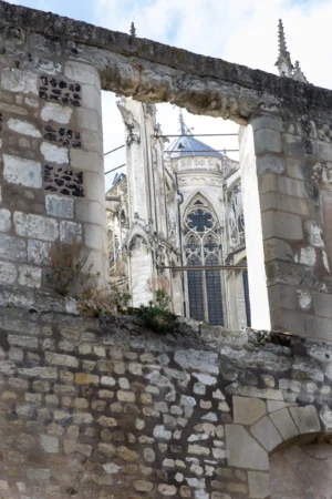 Claude · 3607 x 5411 Cette photographie montre une façade de style gothique ou médiéval, probablement une église ou un monument historique. Le sujet principal est une rosace et une partie des murs en pierre, partiellement recouverts de lierre.La composition met en valeur les éléments architecturaux avec un cadrage serré sur la structure. La lumière naturelle éclaire les détails, créant des contrastes entre ombres et zones lumineuses. Les couleurs dominantes sont les tons gris-beige des pierres, adoucis par le vert du lierre et les touches bleutées de la rosace.L’ambiance est à la fois austère et poétique, évoquant l’histoire et la nature.