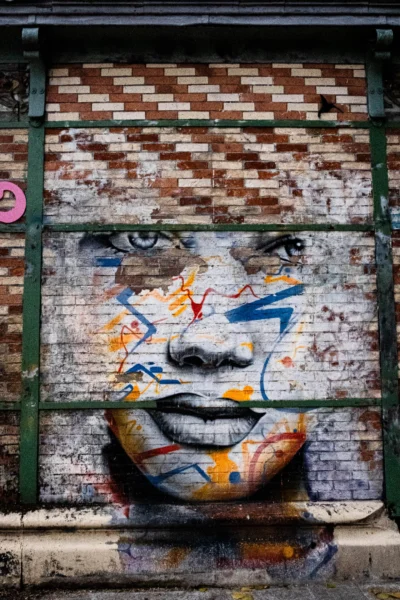 Pascal N. · 13/09/2025 · 1440 x 2160 Cette photographie met en scène un **graffiti stylisé** représentant un visage humain stylisé et coloré, intégré dans une structure en briques et métal rouillé. Le **sujet principal** est ce visage aux traits expressifs, marqué par des couleurs vives (bleu, orange, jaune) contrastant avec le fond grisâtre et les briques.Le **cadrage** est serré, centré sur le visage, avec une composition verticale. La **lumière** semble naturelle, mettant en valeur les textures et dégradés. Les **couleurs dominantes** sont les tons froids et chauds du graffiti, opposés aux teintes terreuses du mur. Le **style** est urbain et artistique, évoquant une **ambiance** à la fois mélancolique et dynamique, typique des scènes street art.