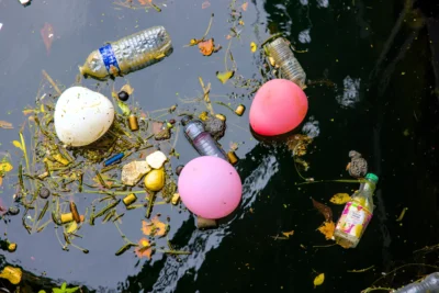 Thibault · 13/09/2025 · 3840 x 2561 Cette photographie montre des déchets flottants dans une eau polluée. Le sujet principal est composé de deux ballons gonflables (un blanc et un rose) entourés de divers détritus : bouteilles, canettes et emballages.La composition est désordonnée, avec un cadrage serré sur les objets. La lumière naturelle semble tamisée, créant des contrastes doux. Les couleurs dominantes sont les tons pastel des ballons, contrastant avec les teintes sombres et multicolores des déchets.Le style est documentaire et réaliste, évoquant une ambiance de pollution et de négligence environnementale.