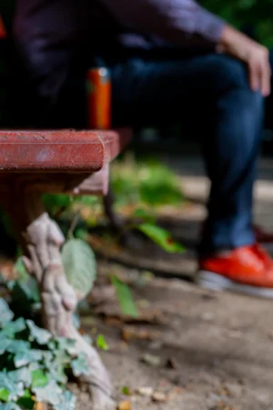 Jean-Paul · 06/09/2025 · 2000 x 3000 Cette photographie met en scène une personne assise sur un banc, partiellement hors-champ. Le sujet principal semble être ses pieds chaussés de baskets rouges et son jean. La composition joue sur le flou artistique, mettant l’accent sur les détails texturés et les couleurs vives.Le cadrage serré isole les pieds et une partie du banc en bois, avec des éléments naturels (plantes, terre) en bas. La lumière semble naturelle, douce et légèrement tamisée, créant une ambiance calme et intime. Les couleurs dominantes sont les verts de la végétation, le rouge des baskets et le brun du bois. Le style est poétique et minimaliste, évoquant une pause contemplative dans un cadre naturel.