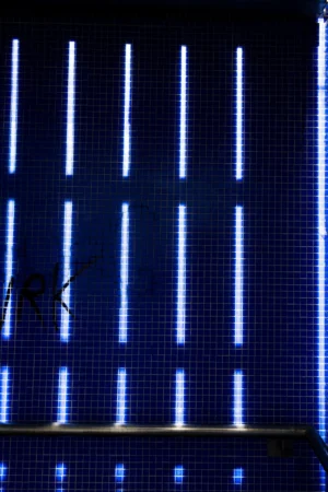 Jean-Paul · 06/09/2025 · 2000 x 3000 Cette photographie met en scène des **lignes lumineuses bleues verticales** sur un fond sombre et texturé, évoquant un écran ou une grille. Le **sujet principal** semble être cette lumière structurée, avec une **composition géométrique** très marquée.Le **cadrage** est serré, centré sur ces bandes lumineuses, renforçant l’effet visuel. La **lumière** est froide et artificielle, créant un contraste saisissant avec l’obscurité. Les **couleurs dominantes** sont le bleu électrique et le noir, donnant une ambiance **futuriste et technologique**, voire légèrement mystérieuse. Le style rappelle l’art numérique ou les interfaces abstraites.