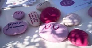 Pascal N. · 11/10/2025 · 3840 x 1991 Cette photographie montre principalement des **paires de seins en silicone ou en gel**, peintes et personnalisées avec des messages écrits à la main. La composition est désordonnée mais harmonieuse, avec plusieurs objets disposés sur une surface blanche.Le cadrage est serré, mettant en valeur les détails des formes et des inscriptions. La lumière semble naturelle et douce, éclairant uniformément les objets. Les couleurs dominantes sont les **tons de chair (rose pâle, blanc) et le violet**, ajoutant une touche artistique et émouvante.L’ambiance est à la fois **poétique et militante**, évoquant un message de sensibilisation ou de soutien. Le style est épuré et direct.