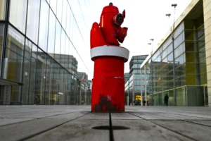 Pierre · 18/10/2025 · 5342 x 3554 Cette photographie met en scène une sculpture rouge en forme de tour ou de phare stylisé, placée devant un bâtiment moderne en verre. Le sujet principal est cette sculpture, dont les couleurs vives contrastent avec les tons neutres du bâtiment et du sol.La composition est épurée, avec un cadrage serré sur la sculpture, centrée dans l’image. La lumière semble naturelle, mais diffuse, créant des ombres douces. Les couleurs dominantes sont le rouge vif de la sculpture et les gris/beiges des matériaux environnants. L’ambiance est à la fois urbaine et artistique, avec une touche minimaliste et contemporaine.