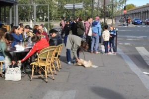 Marie-Odile · 1600 x 1066 Cette photographie capture une scène de rue animée. Le **sujet principal** est un groupe de personnes en terrasse, certaines assises autour de tables, d'autres debout ou discutant. La **composition** montre un espace urbain avec des passants en arrière-plan.Le **cadrage** est large, incluant un trottoir et une partie de la chaussée. La **lumière** est naturelle, probablement en journée, avec des ombres douces. Les **couleurs dominantes** sont neutres (gris du bitume, beige des murs) avec des touches de rouge et vert (vêtements, feuillage).Le **style** est documentaire, réaliste. L’**ambiance** est conviviale et dynamique, reflétant une vie urbaine quotidienne.