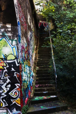 Fabienne · 04/10/2025 · 3662 x 5488 Cette photographie montre un escalier extérieur recouvert de graffitis colorés. Le sujet principal est l’escalier, encadré par une végétation luxuriante.La composition est dynamique, avec une perspective ascendante qui guide le regard vers le haut. Le cadrage est serré, mettant en valeur les détails des tags et des plantes.Les couleurs dominantes sont vives et variées, allant du noir au jaune, en passant par le bleu et le rouge. La lumière semble naturelle, probablement filtrée par les feuilles, créant une ambiance à la fois artistique et mystérieuse. Le style est urbain et street art.