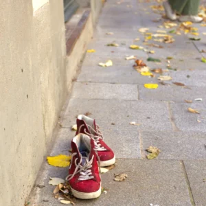 Fabienne · 3486 x 3486 Cette photographie met en scène une paire de **sneakers rouges** posées sur un trottoir pavé. Le **sujet principal** est ces chaussures, légèrement usées, avec des lacets défaits.La **composition** est simple et épurée, avec un **cadrage serré** centré sur les chaussures, bordées par une bordure en pierre et des feuilles mortes. La **lumière** naturelle, douce et légèrement tamisée, crée des ombres discrètes.Les **couleurs dominantes** sont les tons rouges des chaussures, les bruns et jaunes des feuilles, et les gris du pavé. Le style est **minimaliste et réaliste**, évoquant une **ambiance automnale mélancolique et intime**.