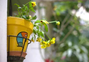 Fabienne · 4268 x 2963 Cette photographie met en scène un pot jaune contenant une plante fleurie, probablement une géranium. Le sujet principal est le pot suspendu avec un petit oiseau perché sur le rebord.La composition est simple et naturelle, avec un cadrage serré sur le pot et ses fleurs. La lumière est douce et naturelle, créant des ombres légères. Les couleurs dominantes sont le jaune vif du pot, les verts des feuilles et les touches de jaune des fleurs. L’ambiance est paisible et bucolique, évoquant la sérénité d’un jardin ou d’un balcon. Le style est photographique réaliste et spontané.