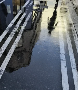 Laurence · 04/10/2025 · 2510 x 2877 Cette photographie montre un **trou dans une chaussée inondée**, sujet principal reflétant les alentours. La composition est symétrique, avec des barrières métalliques encadrant la scène. Le cadrage est serré, mettant en valeur le détail du pavage et de l’eau stagnante.La lumière semble naturelle, mais diffuse, créant des reflets sombres. Les couleurs dominantes sont les **tons gris et bleus**, accentués par l’eau et le métal. Le style est documentaire et réaliste, évoquant une ambiance urbaine négligée, voire abandonnée. L’effet des reflets ajoute une touche poétique à une scène autrement banale.
