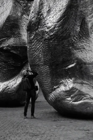 Philippe · 18/10/2025 · 2001 x 3000 Cette photographie met en scène une personne marchant sous une immense sculpture en forme de tête, aux traits rugueux et métalliques. Le sujet principal est le contraste entre l’humain et l’œuvre monumentale.La composition joue sur les perspectives et les proportions, avec un cadrage serré qui accentue l’échelle démesurée de la sculpture. La lumière, naturelle et contrastée, crée des ombres marquées, renforçant le côté dramatique. Les couleurs dominantes sont les gris et noirs, typiques d’une photo en noir et blanc, ce qui donne une ambiance mystérieuse et intemporelle. Le style est artistique et contemplatif, évoquant une réflexion sur la taille, la solitude et l’interaction entre l’homme et l’art.