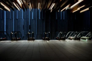 Cette photographie montre une salle de cinéma ou de projection quasi vide. Le sujet principal est une rangée de fauteuils noirs disposés face à un écran géant.La composition est symétrique, avec un cadrage serré sur les sièges et l’écran. La lumière est tamisée, créant une ambiance sombre et immersive. Les couleurs dominantes sont les noirs et les gris, renforçant une atmosphère mystérieuse et moderne. Le style est épuré et contemporain, évoquant une élégance minimaliste. L’ambiance est calme et introspective, presque théâtrale.
